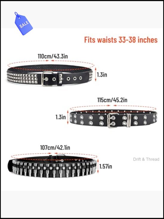 3pcs Y2K Goth Punk Studded Belt Set, Double Grommet & Pyramid Belts for Adults